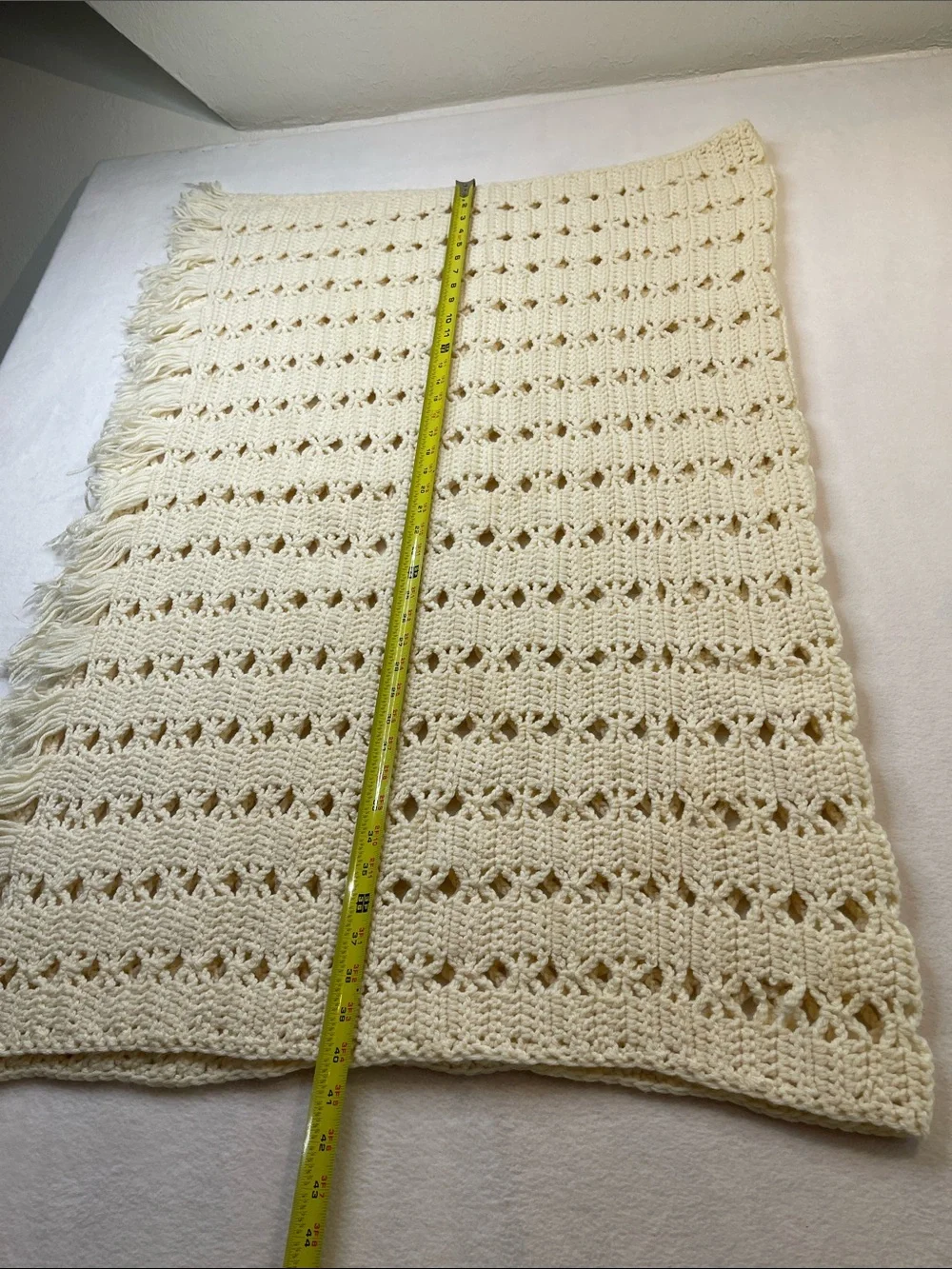 Handmade Cream Crochet Throw Blanket with Fringe 40 X 58 inches